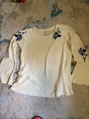 St. John's Bay Cream Knit Sweater with Blue & Pink Floral Embroidery